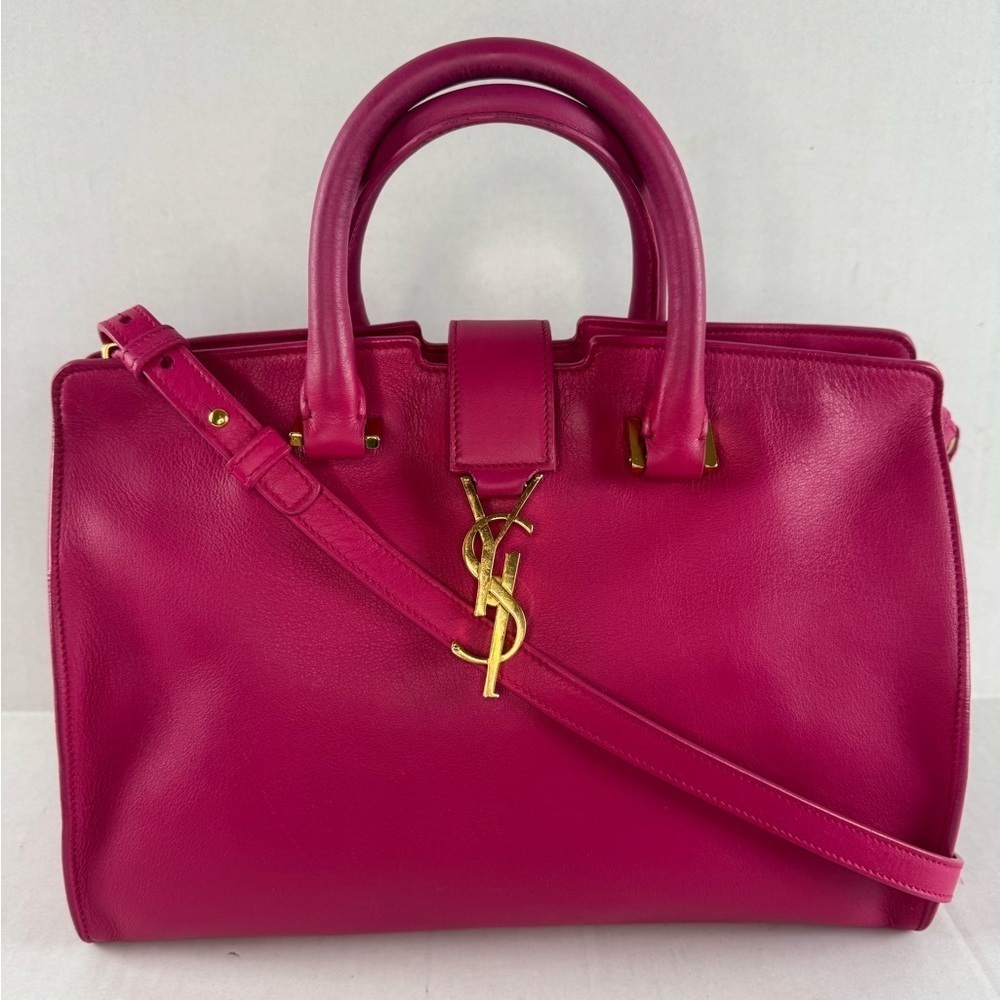 YVES SAINT LAURENT Fuchsia Calfskin Leather Small Cabas Crossbody Bag.